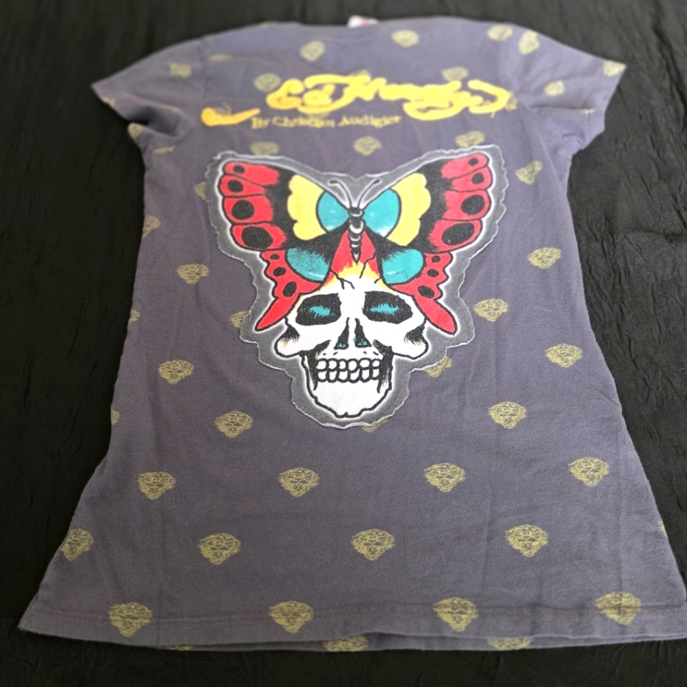 Ed Hardy Women's XS Graphic Tee - Gray with Multicolor Design